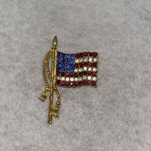 Gold-tone Rhinestone American Flag Patriotic Brooch Red, White, & Blue USA